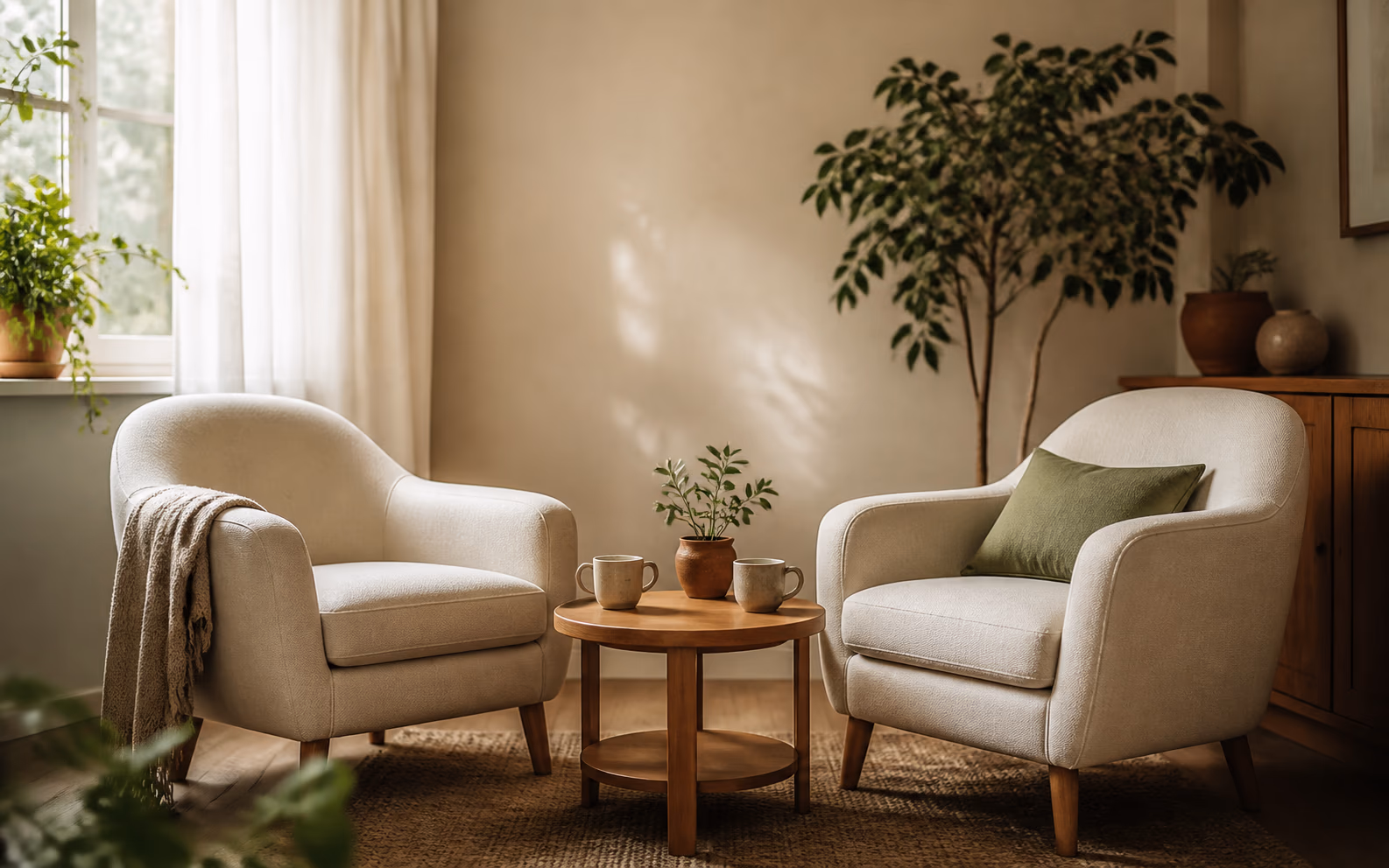 Two comfortable chairs in a calm, welcoming coaching space