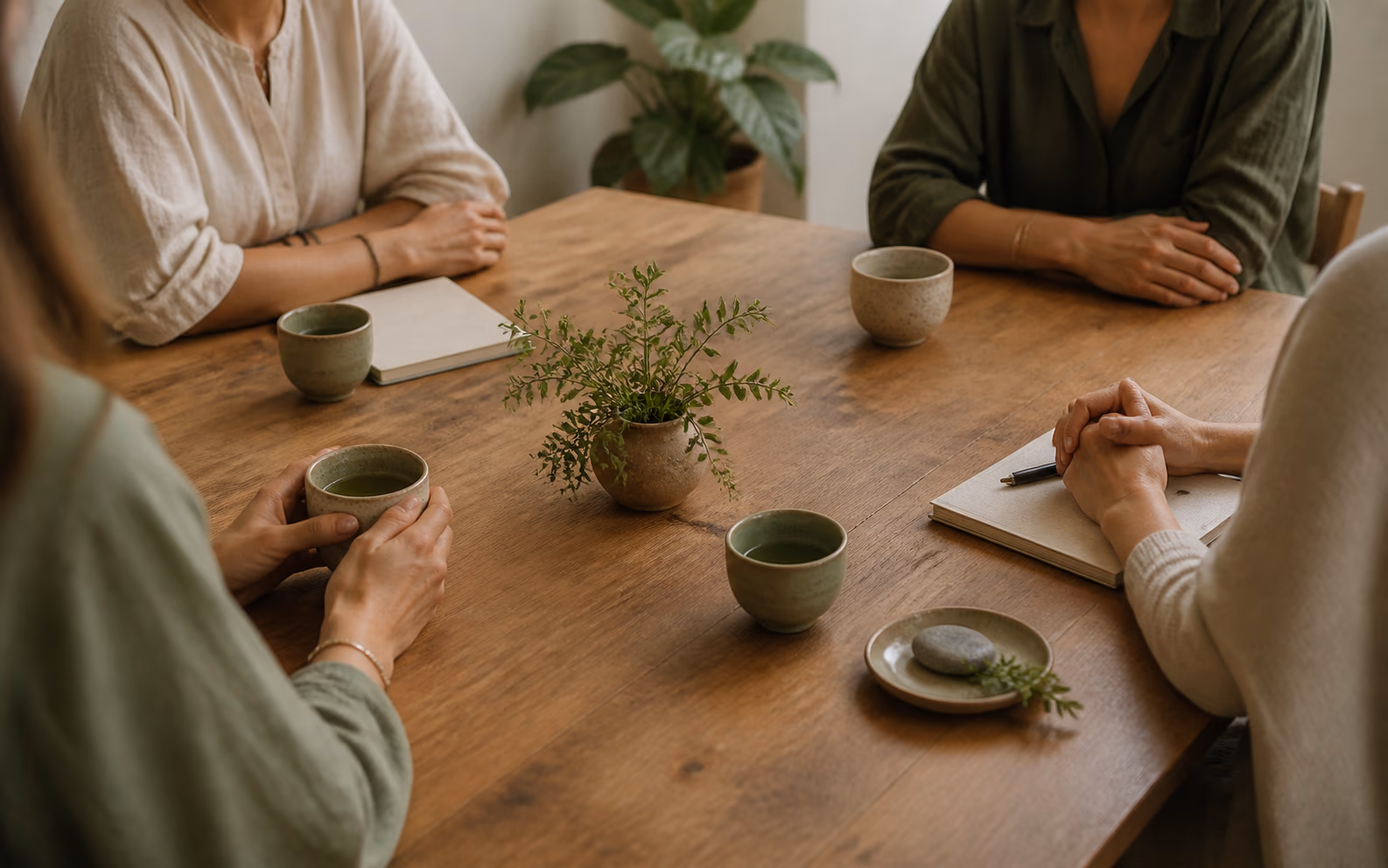 A small supportive group gathered around a warm wooden table