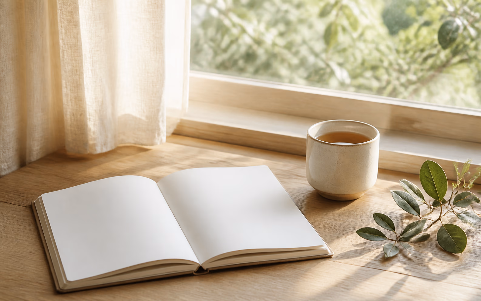 A blank journal and warm tea in soft morning light